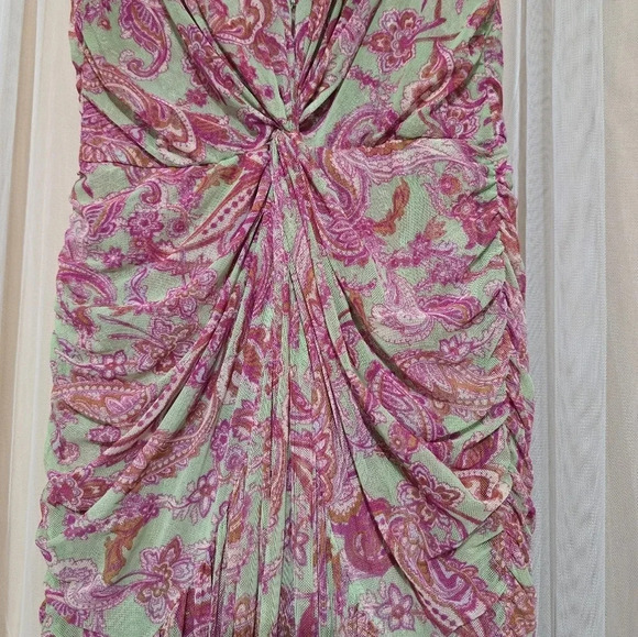 Misa Los Angeles Ava Midi Dress in Vintage Paisley, Stretch Mesh, Ruched Bodice. - Picture 7 of 16